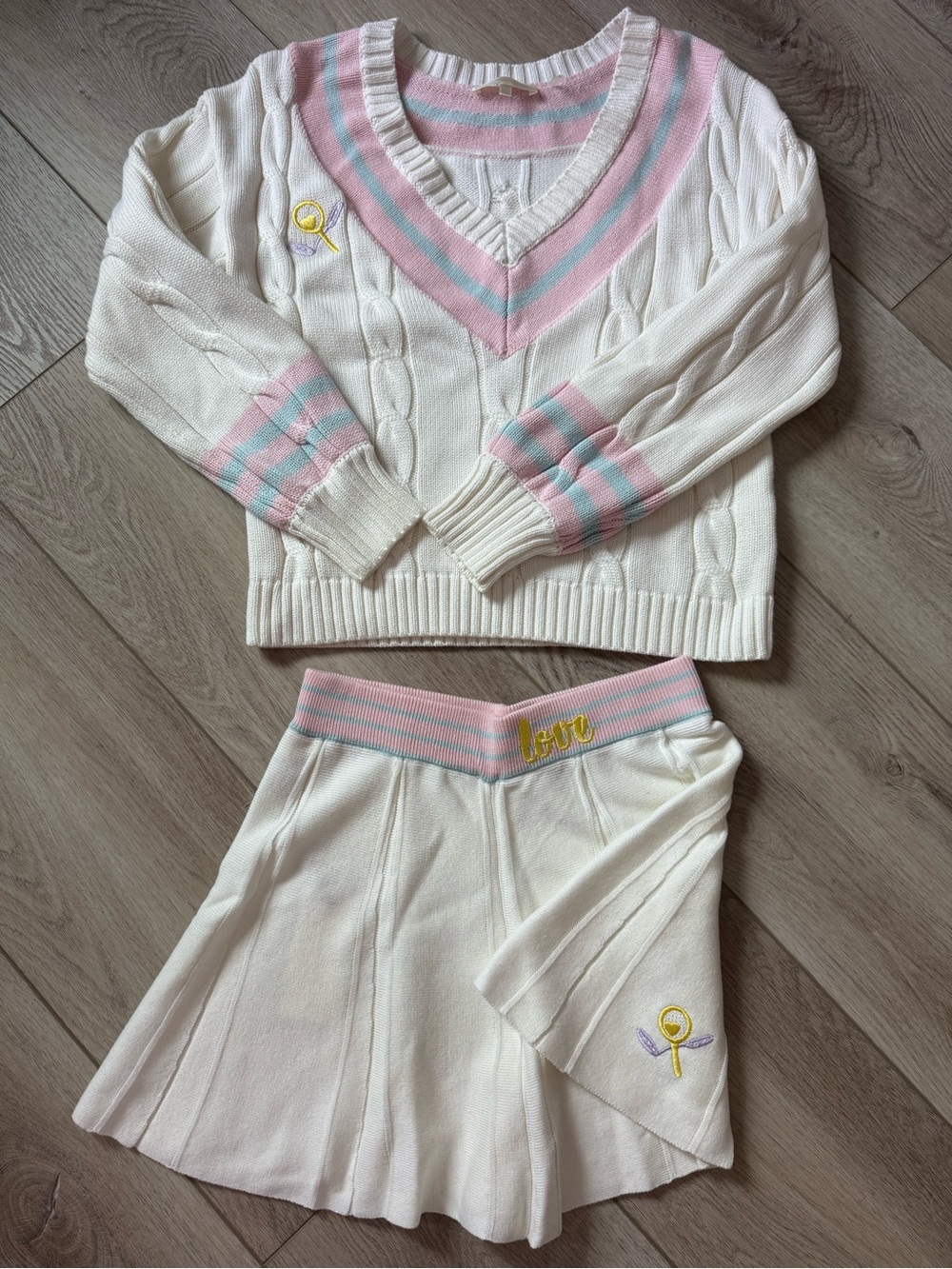 LoveShackFancy Pink, White & Light Blue Cable Knit Roz Sweater and Skirt